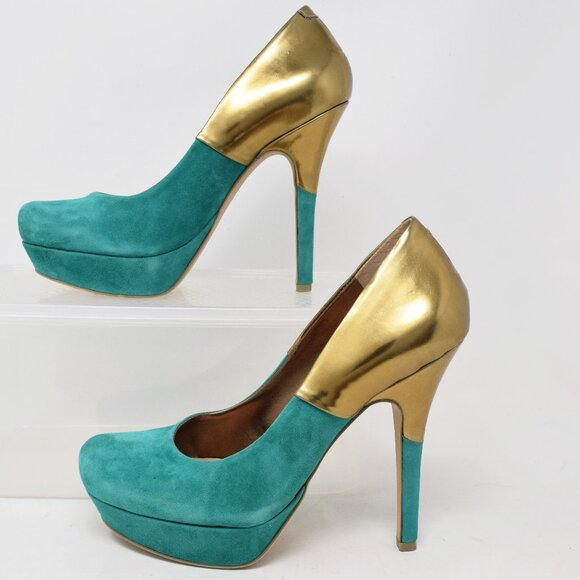 Sole Society So Annalise High Heels 7M Emerald Green Gold Closed Toe Pumps Sexy - Picture 7 of 15